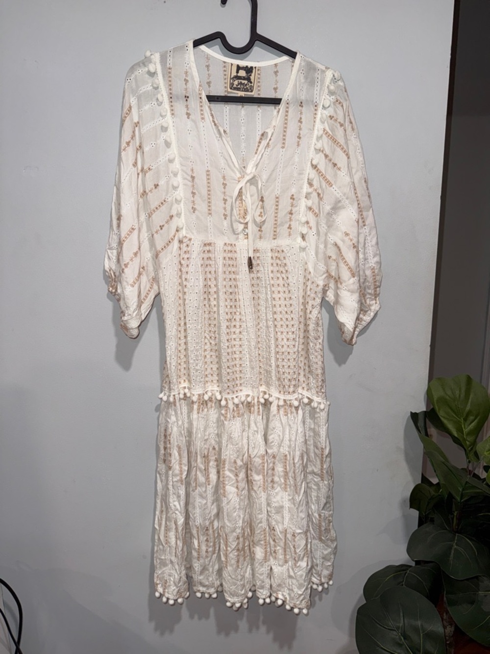 Jaase Ivory and Beige Boho Tie-Front Dress